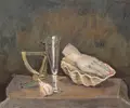 Konrad Maass, Stillleben mit Sektflöte und Briefwaage, 1999, Öl auf Leinwand