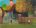 Paul Schultz-Liebisch, Straße in Alt-Lübbenau mit Eingang zum Volkspark, 1964, Öl auf Hartfaser