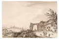 Adrian Zingg, Landschaft nahe Manter (Normandie). Vor 1790, wohl 1759–1766, Federzeichnung, laviert, auf chamoisfarbenem Bütten