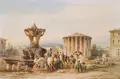 Franz Knebel d.J., Das Forum Boarium mit dem Tempel des Hercules Victor in Rom, 1834, Aquarell über Bleistift, weiß gehöht