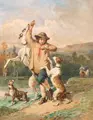 Emmanuel Adolphe Midy, Knabe mit springenden Hunden, Um 1870, Aquarell