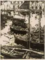 Siegfried Berndt, Boote am Anleger. 1910er Jahre, Farbholzschnitt auf Japan