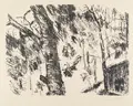 Lovis Corinth, Buchenwald im Gebirge, 1922, Lithografie, auf die letzte Seite eines Papierblocks gedruckt, an der Rückpappe belassen