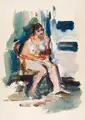 Walter Jacob, Im Lehnstuhl sitzender weiblicher Akt, 1924, Aquarell über Kohlestiftzeichnung auf kräftigem "Schoellershammer Parole"-Büttenkarton