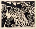 Hermann Scherer, Figuren in Landschaft, 1924–1926, Holzschnitt auf kräftigem, chamoisfarbenen Japan