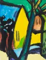Fritz Keller, Am gelben Haus. Wohl 1970er/1980er Jahre, Gouache