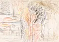 Walter Nessler, Haus und Bäume am See, 1976, Farbstiftzeichnung, Aquarell und Kohlestift auf Karton
