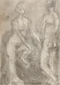 Wilhelm Rudolph, Doppelaktstudie II, Wohl 1960, Kohlestiftzeichnung, und Bleistiftzeichnung, laviert, auf gräulichem Papier