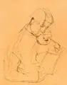 Hans Theo Richter, Mutter und Kind lesend. Wohl um 1960, Kreidezeichnung auf orangefarbenem Umdruckpapier