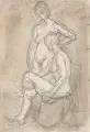 Wilhelm Rudolph, Doppelaktstudie I, Wohl 1960, Kohlestiftzeichnung, und Bleistiftzeichnung, laviert, auf gräulichem Papier