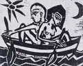 Klaus Süß, Das Boot, 2004, Holzschnitt auf weißgrau grundiertem Rupfen
