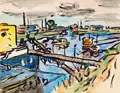 Fritz Winkler, Dresden – Pieschener Hafen. Wohl 1950er Jahre, Aquarell und Pinselzeichnung in Tusche über Grafitzeichnung auf gelblichem Büttenkarton