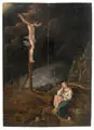 Gillis Mostaert d.Ä., Maria Magdalena unter dem Kreuz, Öl auf Eichentafel, diese verso mit Anschnitten eines Reliefdekors