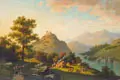 A. von Taiery, (?), Abendliche Gebirgslandschaft mit Flusslauf und Bauern, 1862, Öl auf Leinwand
