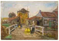 Helmuth Liesegang, Niederrheinisches Dorf mit Holzbrücke und Bäuerinnen. Wohl 1910er/1920er Jahre, Öl auf Holz