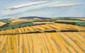 Ulrich Eisenfeld, Sommerlandschaft im Vorerzgebirge, 1984, "Plaka"-Kaseinfarbe auf kräftigem, graubraunen Papier