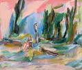 Peter Hoppe, Landschaft mit Figuration, 1974, Öl auf Hartfaser