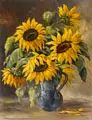 Martin Rudolph, Stillleben mit Sonnenrosen. Wohl um 1945 -1949, Öl auf Malpappe