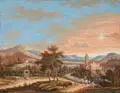 Carl Sebastian von Bemmel, (zugeschr.), Hügelige Landschaft mit Kapelle und Reiter, Bettlern Almosen spendend. Wohl um 1780/1790, Gouache auf Pergament, partiell eiweißgehöht