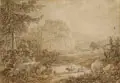 Adrian Zingg, Berg und Ort Oybin bei Zittau in der Oberlausitz mit Kloster- und Burgruine, Um 1795, Radierung, in Sepia und braun laviert, auf "J Whatman"-Papier