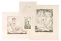 Georg Hermann Gelbke, Kopf eines schlafenden Knaben / Im Bade / Mutter und Kind / Neujahrsgruß. 1920– 1925, Bleistift- und Farbstiftzeichnung / drei Radierungen in Grünschwarz bzw
