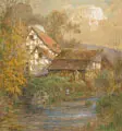 Max Merker, Angler am Mühlbach. 1. Viertel 20. Jh, Aquarell über Federzeichnung in brauner Tusche, partiell in Gouache und Tempera gehöht