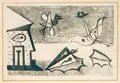Werner Gilles, Harpyen, Todesvögel, Tiere am Strand, Lithografie auf gelblichem Papier