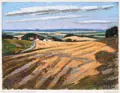 Ulrich Eisenfeld, Sommer im Vorerzgebirge bei Schmorsdorf, 2009/2025, Farbige Pastellkreidezeichnung auf grauem Karton