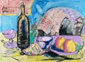 Ernst Hassebrauk, Stillleben mit schwarzer Flasche und Äpfeln. Wohl 1960er Jahre