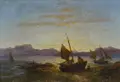 Robert Kummer, Boote am abendlichen Ufer, 1885, Öl auf Papier, auf Sperrholz montiert