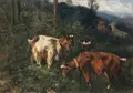 Giuseppe Palizzi, Ziegengruppe am Waldsaum. Wohl Mitte 19. Jh, Öl auf Leinwand, auf Malpappe kaschiert