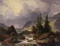 Gebirgige Flusslandschaft mit Tannen by Friedrich Johann Christian Ernst Preller d.Ä., Öl auf Papier, vollflächig auf kräftige Malpappe kaschiert, offered Nov 2025