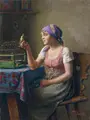 Hans Hamza, Junge Niederösterreicherin mit Vogel. 1. H. 20. Jh, Öl auf Holz