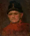 Max Thedy, Bildnis eines Mannes mit Pelzkappe und rotem Mantel, 1882, Öl auf Leinwand, auf Malpappe maroufliert