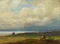 Richard Zimmermann, Rastender Wanderer am Ufer des Chiemsees. Wohl 1850er Jahre, Öl auf Holz
