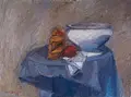 Klaus Drechsler, Stilleben mit Weißbrot und Terrine, 1983, Öl auf Malpappe