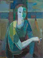 Eckhard Kempin, Frau in Landschaft, 1976, Öl auf Hartfaser