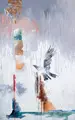 Dieter Tucholke, Vogelflug. Wohl um 1994, Öl auf Hartfaser auf Nessel