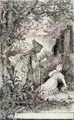 Ludwig Richter, (Schule), Hänsel und Gretel: Die Hexe findet Gretel im Wald. Wohl 2. H. 19. Jh, Federzeichnung in Tusche über Bleistiftzeichnung, laviert, auf Zeichenkarton