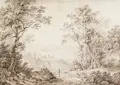 Matthias Rudolf Toma, Italienische Landschaft mit Ruinen, 1822, Bleistiftzeichnung, in Braun laviert