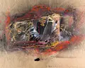 Hanspeter Bethke, Abstrakte Komposition, 1986, Mischtechnik (Acryl und schwarze Druckfarbe) auf bräunlichem Papier