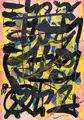 Wolfgang E. Biedermann, Schwarze Zeichen vor Rosa, Gelb und Blau, 1987, Farbserigrafie auf kräftigem "Hahnemühle"-Büttenkarton