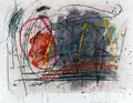 Bernd Hahn, Rot-Blau-Gelb auf Grau, 1986, Aquarell und Ölkreide auf Papier