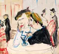 Albert Hennig, Im Lokal. Wohl 1960er/1970er Jahre, Aquarell über Federzeichnung in Tusche und Faserstift, weiß gehöht
