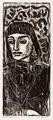 Hans Jüchser, Helga mit schwarzem Tuch, 1972, Farbholzschnitt auf Maschinenbütten