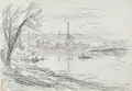 Wilhelm Rudolph, Elblandschaft (Blick auf Heidenau mit der Papierfabrik Krause und Baumann ?). Wohl 1930er-frühe 1940er Jahre, Grafitzeichnung