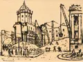 Paul Schultz-Liebisch, Berlin – Wiederaufbau am Dom, 1950, Pinselzeichnung in Tusche