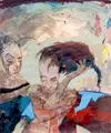 Gudrun Trendafilov, Zwei Frauen vor grünlichem Himmel, 1991, Gouache und farbige Kreide auf Papier