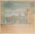 Werner Wittig, Brühlsche Terrasse, 1975, Farbholzriss auf bräunlichem Papier