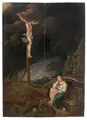 Gillis Mostaert d.Ä., (nach), Maria Magdalena unter dem Kreuz. Wohl spätes 16. Jh./frühes 17. Jh, Öl auf Eichentafel, diese verso mit Anschnitten eines Reliefdekors